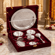 Premium Silver Finish 7-Piece Floral Pooja Thali Set