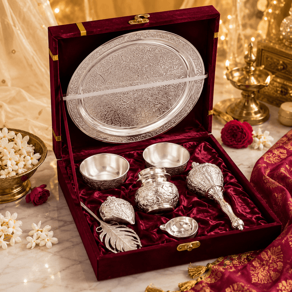 Premium Silver Finish 7-Piece Floral Pooja Thali Set