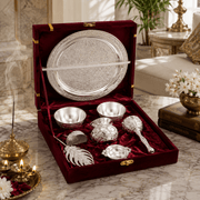 Premium Silver Finish 7-Piece Floral Pooja Thali Set