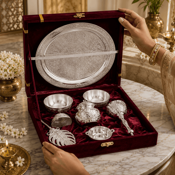 Premium Silver Finish 7-Piece Floral Pooja Thali Set