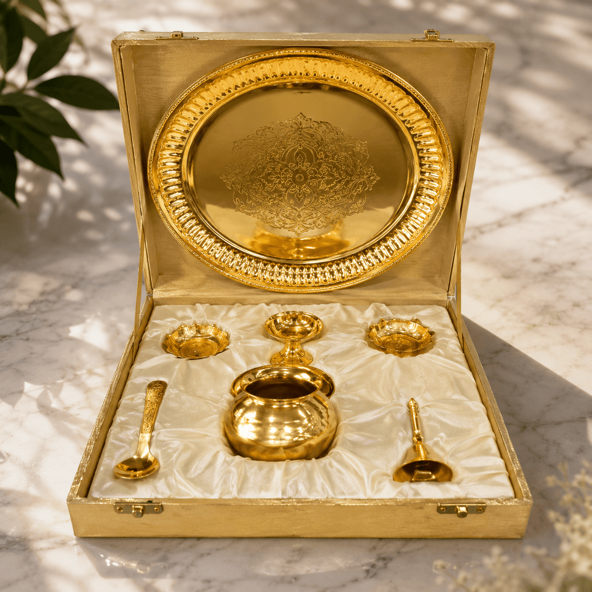 7-Piece Golden Laxmi-Ganesha Pooja Thali Set