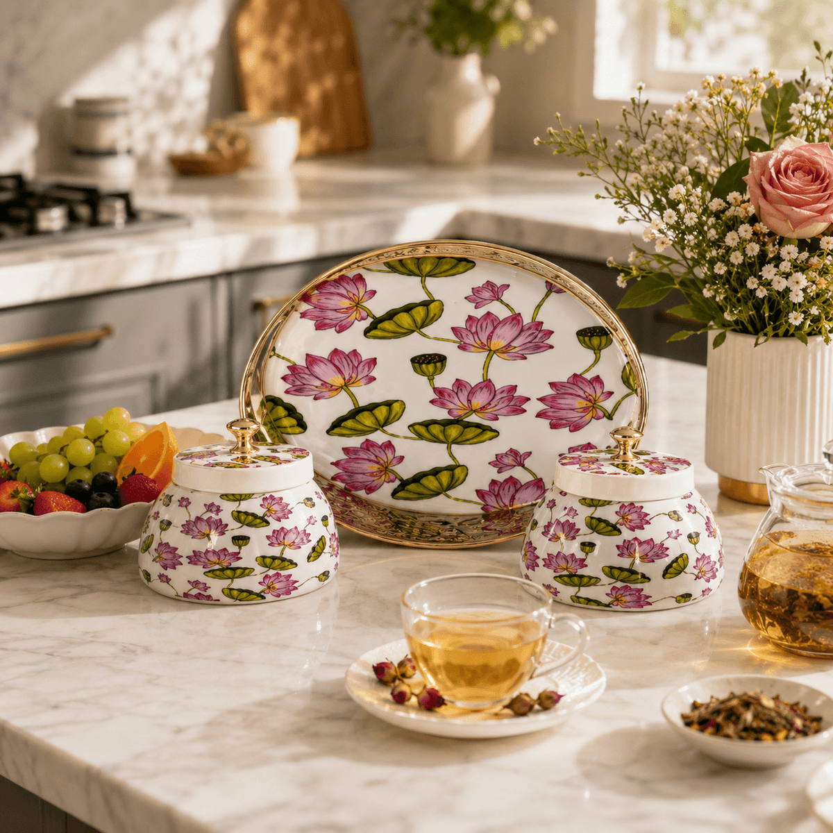 3-Piece Pichwai Lotus Design Dry Fruit Basket & Jar Set