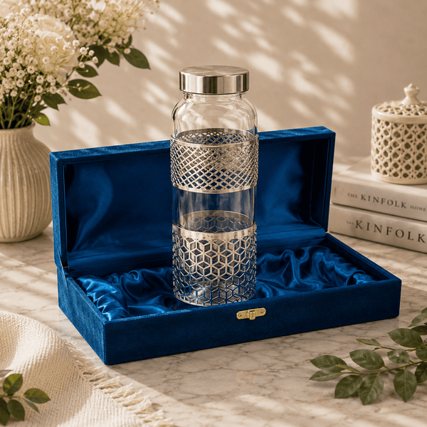 Decorative Glass Water Bottle with Silver Metal Sleeve