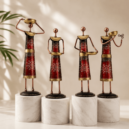 4-Piece Red Metallic Tribal Women Tealight Holder Set