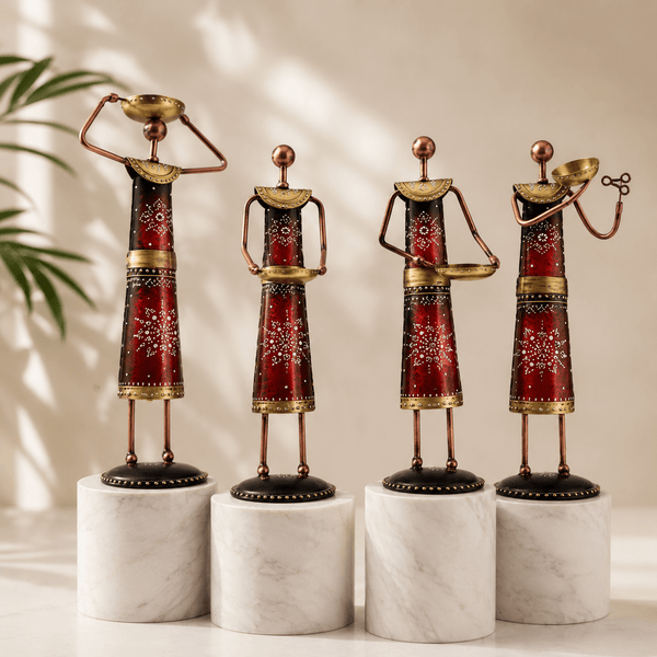 4-Piece Red Metallic Tribal Women Tealight Holder Set