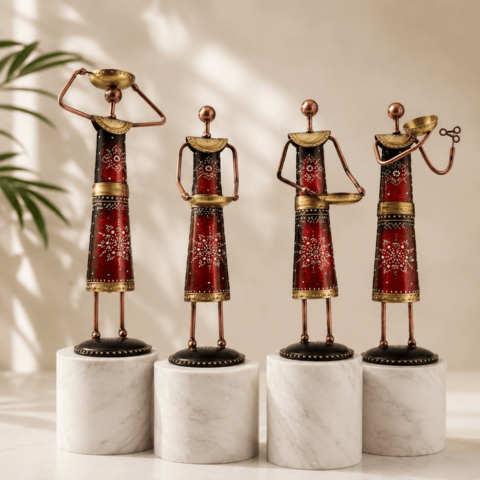 4-Piece Red Metallic Tribal Women Tealight Holder Set