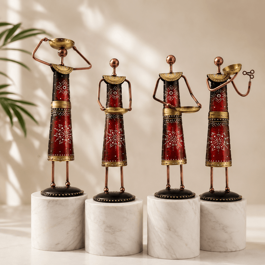 4-Piece Red Metallic Tribal Women Tealight Holder Set