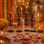 4-Piece Red Metallic Tribal Women Tealight Holder Set