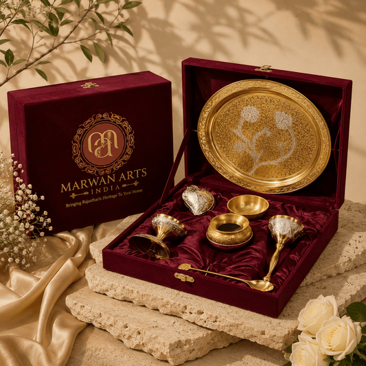 Gold Finish Floral Pooja Thali Set – 7 Pieces