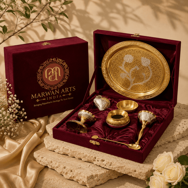 Gold Finish Floral Pooja Thali Set – 7 Pieces