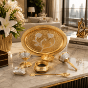 Gold Finish Floral Pooja Thali Set – 7 Pieces