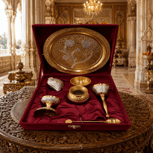 Gold Finish Floral Pooja Thali Set – 7 Pieces