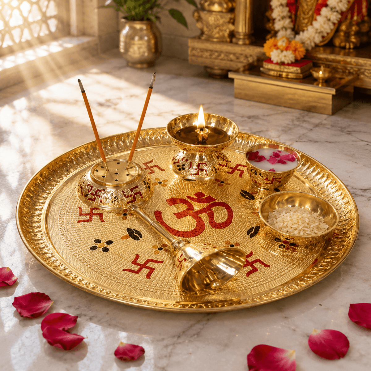 Brass Om Pooja Thali Set – 6 Pieces
