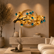 Blue Floral Tree Branch Metal Wall Art with LED