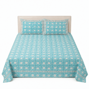 Premium Percale Cotton Fitted Bedsheet Set - Aqua Floral