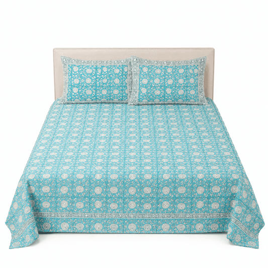 Premium Percale Cotton Fitted Bedsheet Set - Aqua Floral