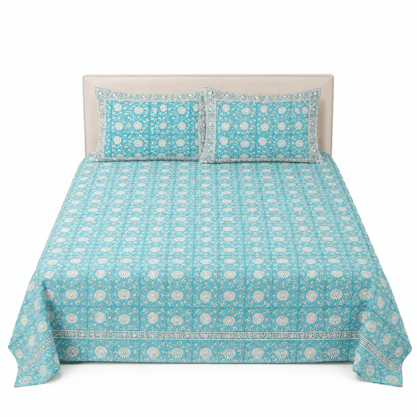 Premium Percale Cotton Fitted Bedsheet Set - Aqua Floral