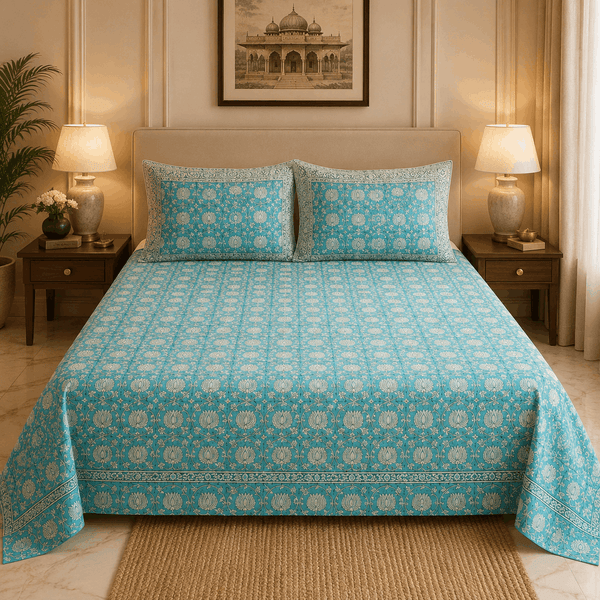 Premium Percale Cotton Fitted Bedsheet Set - Aqua Floral