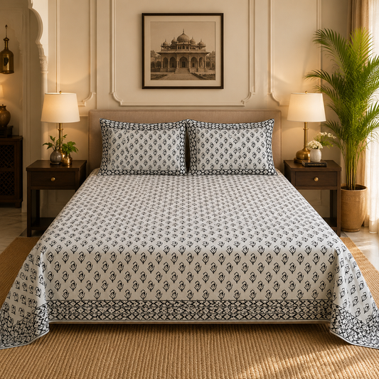 Premium Percale Cotton Fitted Bedsheet Set - Green Floral