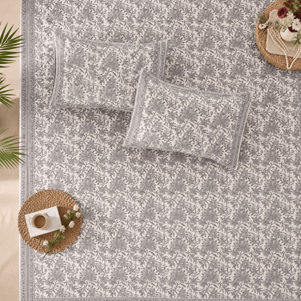 Premium Percale Cotton Fitted Bedsheet Set - Gray Blossom