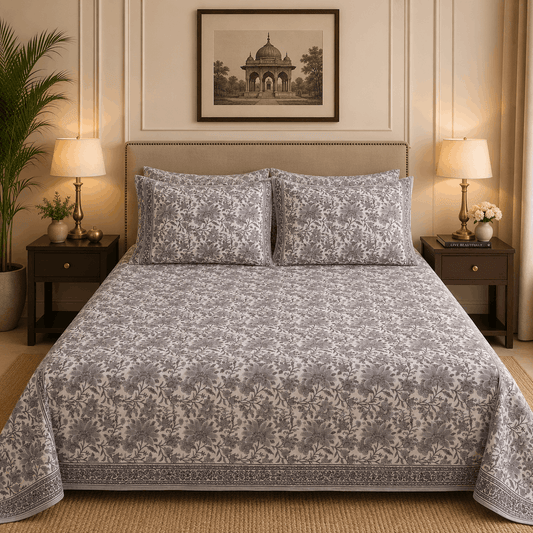 Premium Percale Cotton Fitted Bedsheet Set - Gray Blossom