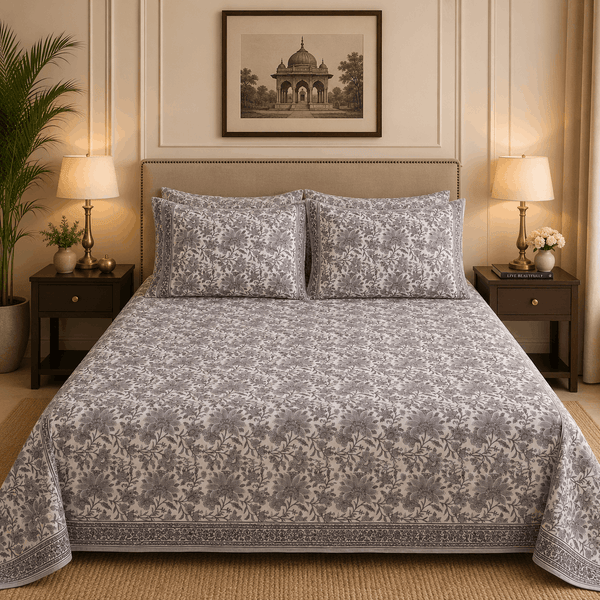 Premium Percale Cotton Fitted Bedsheet Set - Gray Blossom