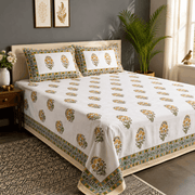 Luxury Premium Cotton Hand Block Printed Bedsheet Set - Aqua Floral