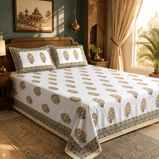 Luxury Premium Cotton Hand Block Printed Bedsheet Set - Aqua Floral