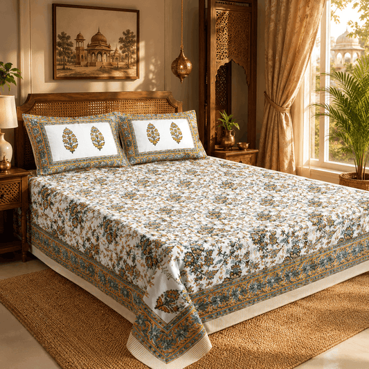 Luxury Premium Cotton Hand Block Printed Bedsheet Set - Blue Lotus