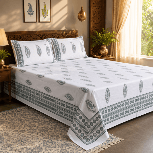 Luxury Premium Cotton Hand Block Printed Bedsheet Set - Pink Blossom