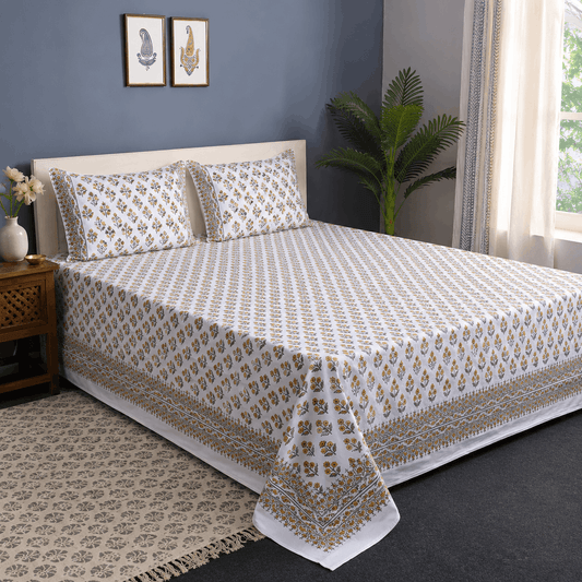 Luxury Premium Cotton Hand Block Printed Bedsheet Set - Green Floral