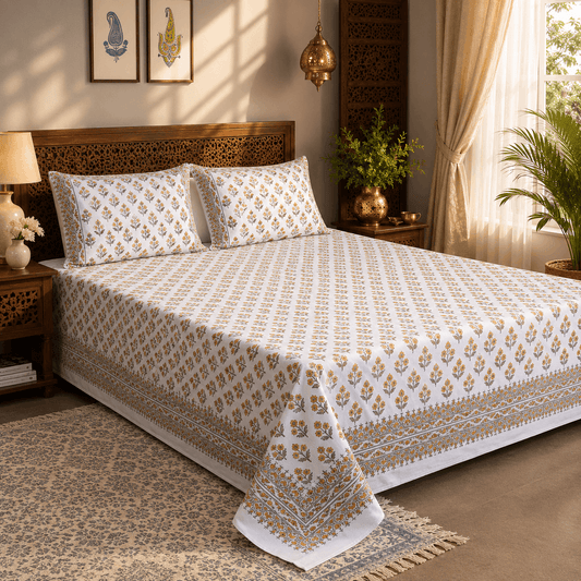 Luxury Premium Cotton Hand Block Printed Bedsheet Set - Green Floral