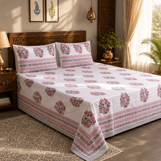 Luxury Premium Cotton Hand Block Printed Bedsheet Set - Rose Garden