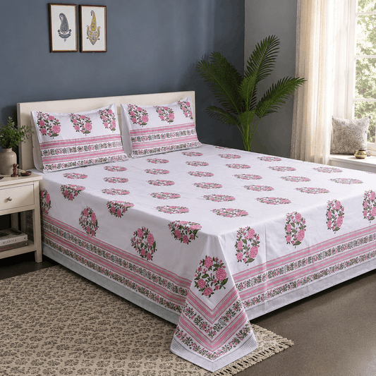 Luxury Premium Cotton Hand Block Printed Bedsheet Set - Rose Garden
