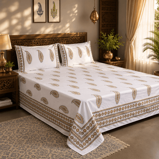 Luxury Premium Cotton Hand Block Printed Bedsheet Set - Paisley Print