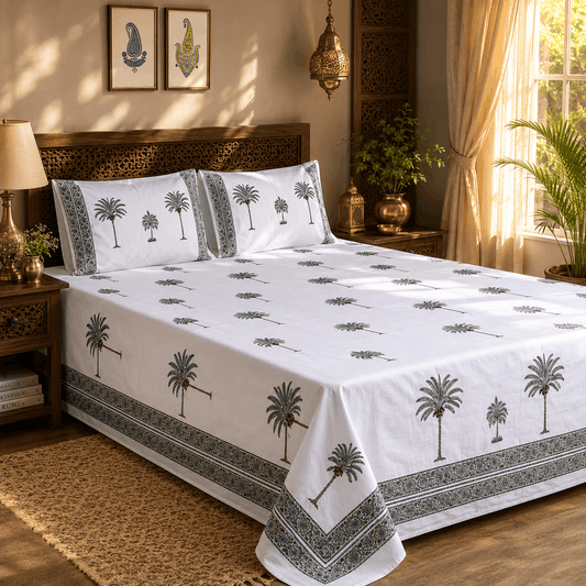 Luxury Premium Cotton Hand Block Printed Bedsheet Set - Mughal Floral