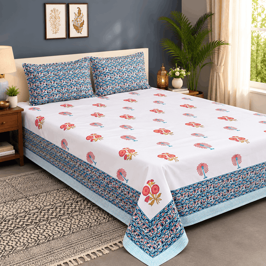 Luxury Premium Cotton Hand Block Printed Bedsheet Set - Vintage Bloom