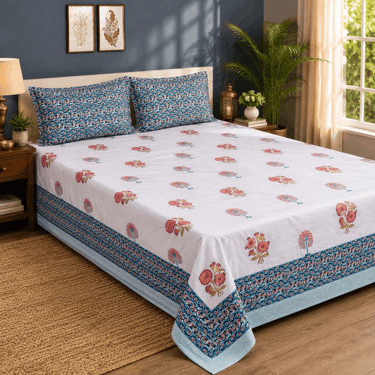 Luxury Premium Cotton Hand Block Printed Bedsheet Set - Vintage Bloom