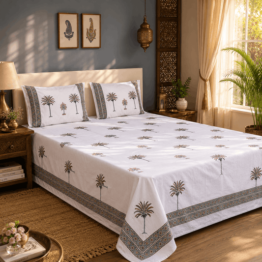 Luxury Premium Cotton Hand Block Printed Bedsheet Set - Mustard Floral