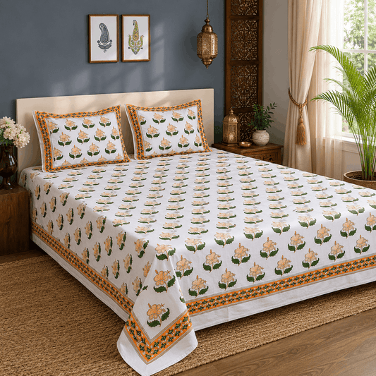 Luxury Premium Cotton Hand Block Printed Bedsheet Set - Golden Bloom