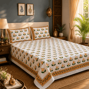 Luxury Premium Cotton Hand Block Printed Bedsheet Set - Golden Bloom
