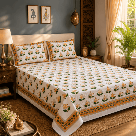 Luxury Premium Cotton Hand Block Printed Bedsheet Set - Golden Bloom