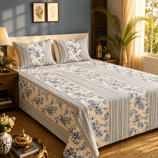 Quilted Bed Cover Set - White Floral