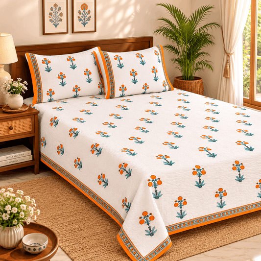 Quilted Bed Cover Set - White Paisley