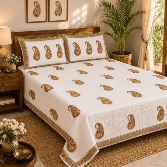 Quilted Bed Cover Set - White Garden