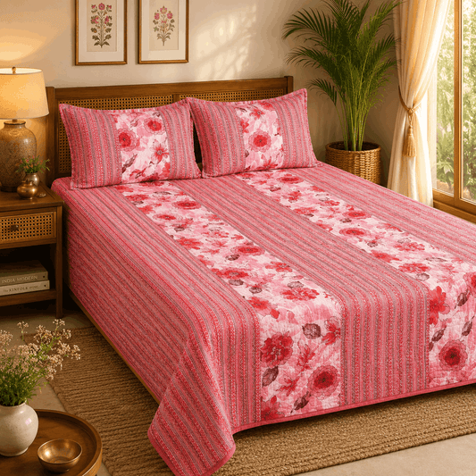Quilted Bed Cover Set - Pink Garden