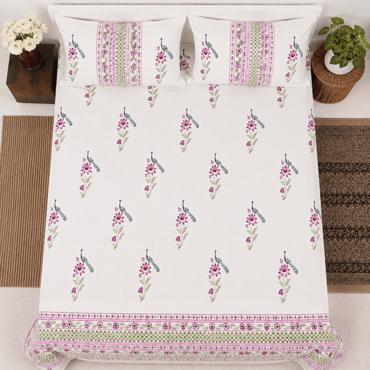 Thick Handloom Cotton Block Printed Bedcover Set - Blue Floral