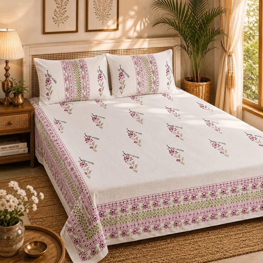 Thick Handloom Cotton Block Printed Bedcover Set - Blue Floral