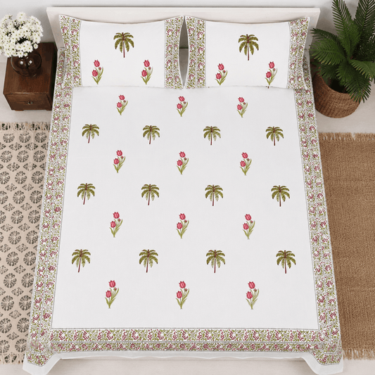 Thick Handloom Cotton Block Printed Bedcover Set - Pink Blossom