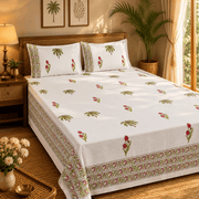 Thick Handloom Cotton Block Printed Bedcover Set - Pink Blossom